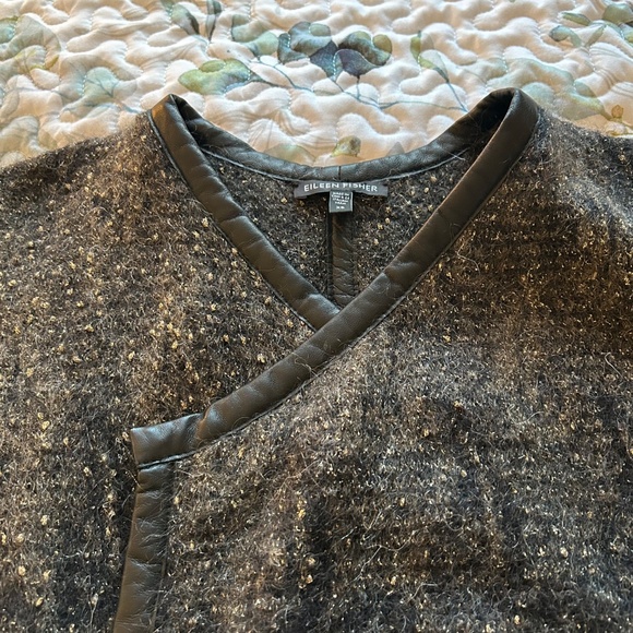 Eileen Fisher Mohair Blend Leather Trim Open Cardigan Paisley Design Size XS - Picture 7 of 17